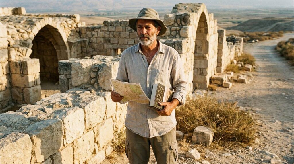 Israeli historian holding a map and book on Jericho ruins.
