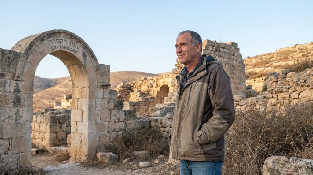 Israeli man in casual clothes stands near En-hakkore ruins, contemplating.