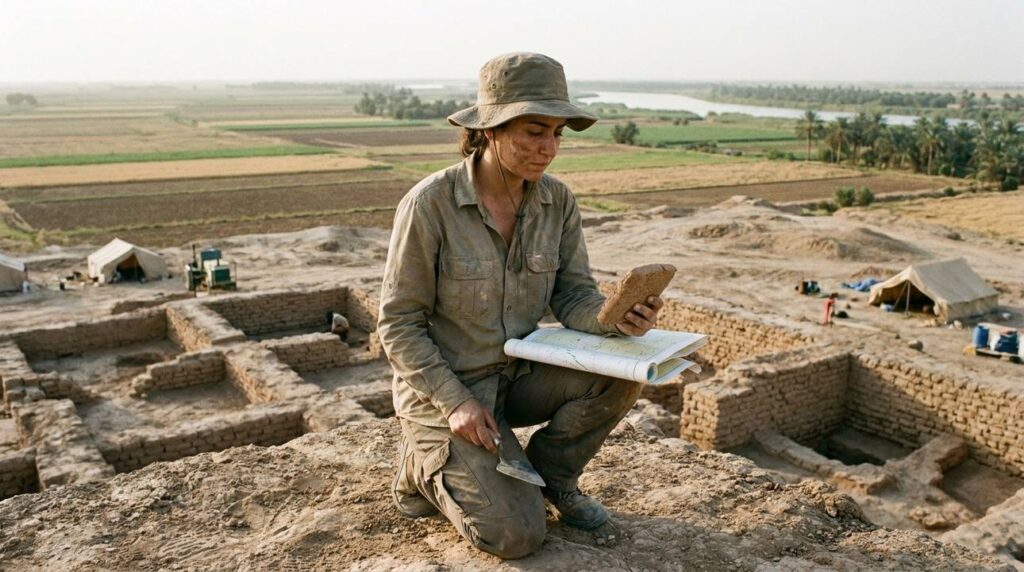 Archeologist with map examines ancient Mesopotamian ruins in fertile landscape.