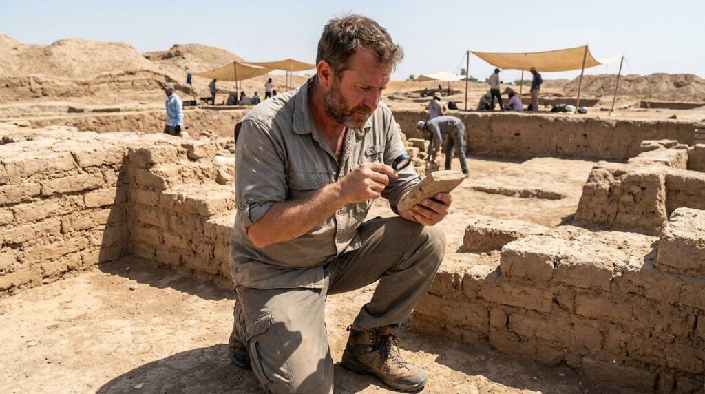 Archaeologist examining stone artifact at Nineveh ruins under bright sun.