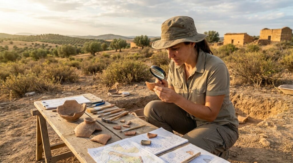 Spanish archaeologist examines ancient relics at Tarshish site in Spain.