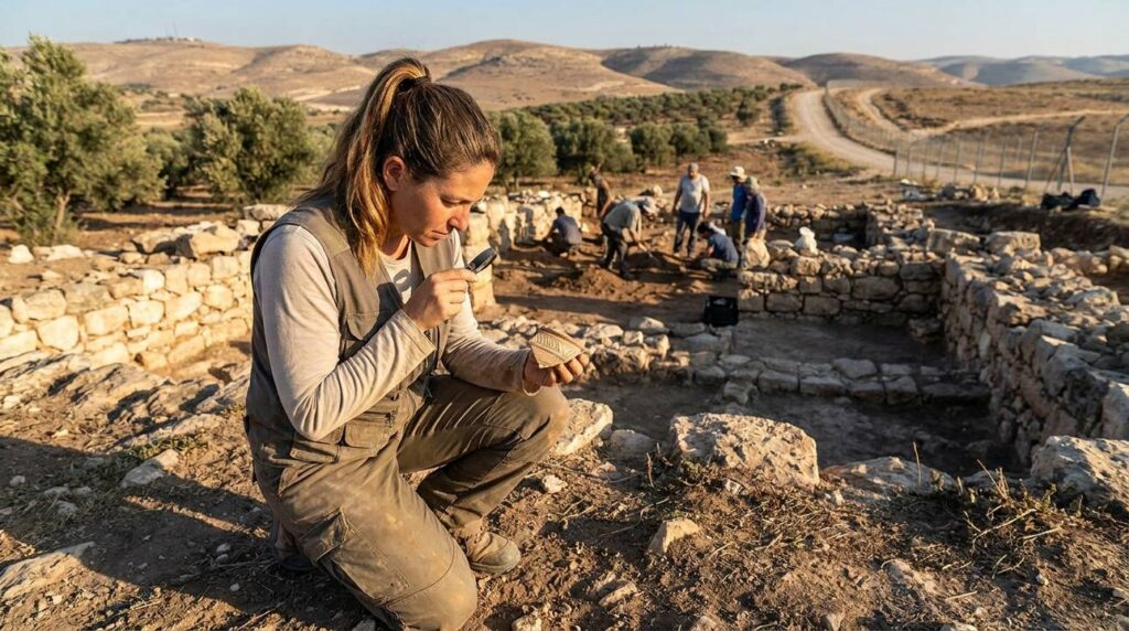 Israeli archaeologist examines pottery at Beth Car ruins in morning light.