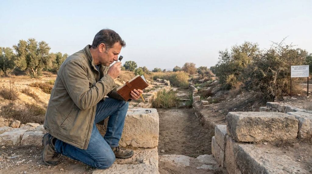 Historian in casual clothes examining ruins by a historic canal.
