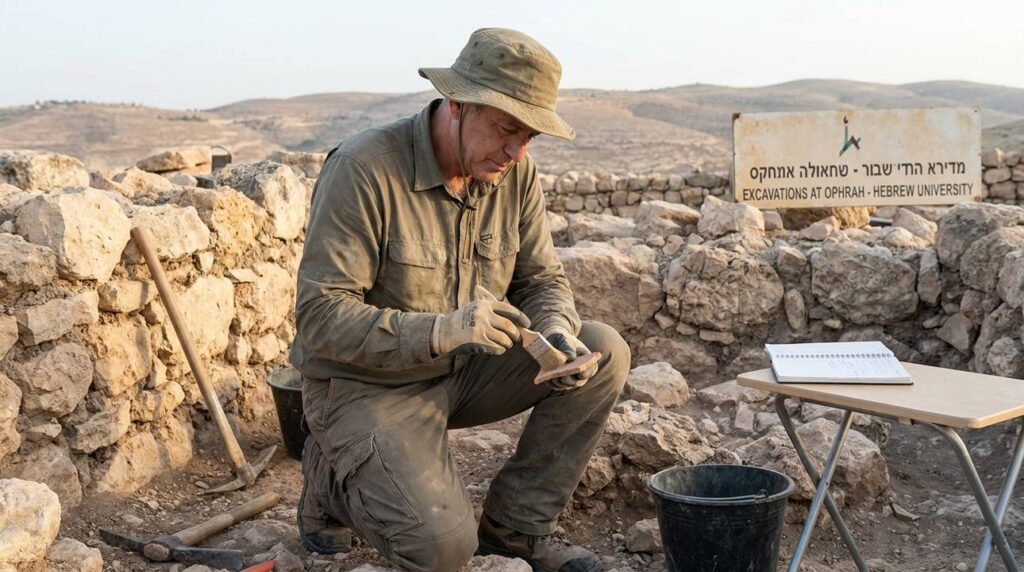Middle-aged Israeli archeologist examining artifacts at Ophrah excavation site.