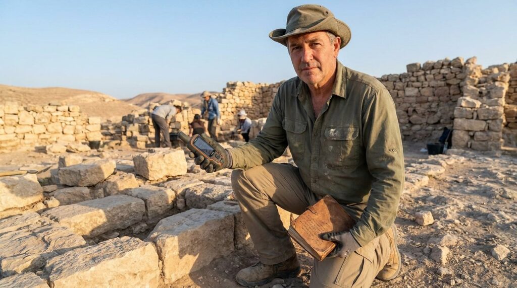 Israeli archaeologist examines ancient ruins with GPS and texts in Judea.
