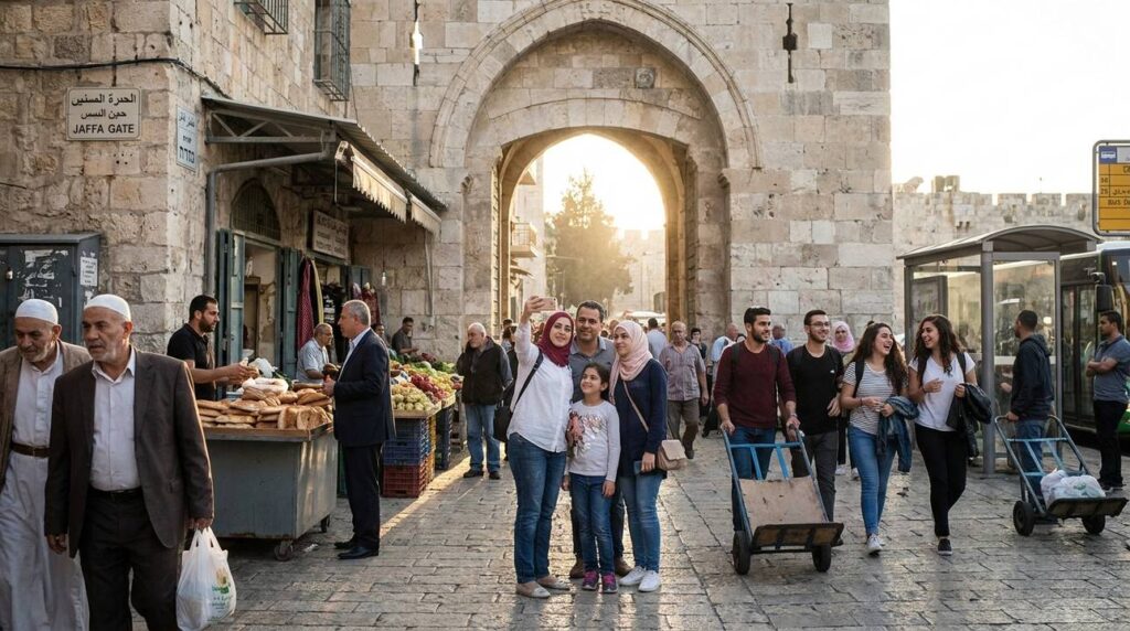 Diverse group of people near Jerusalem's historical gate, interacting lively.