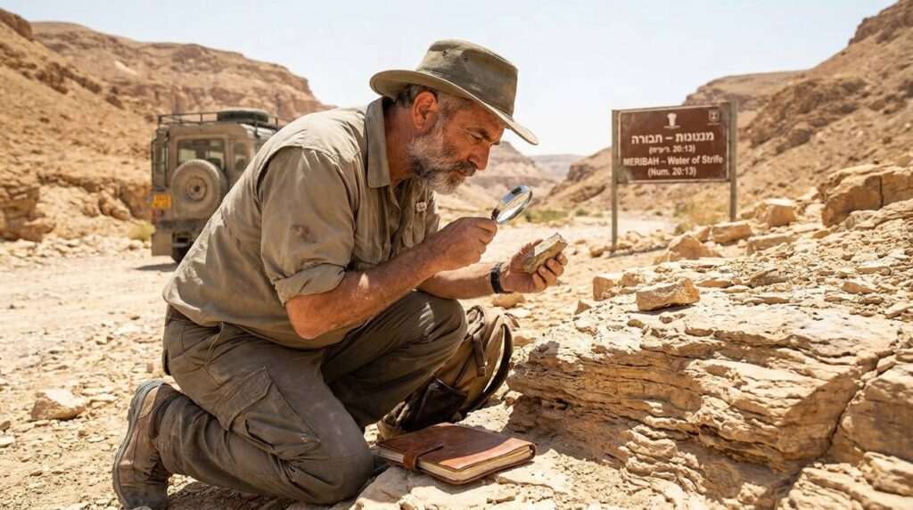 Israeli archaeologist examining rock formations in the Negev Desert.