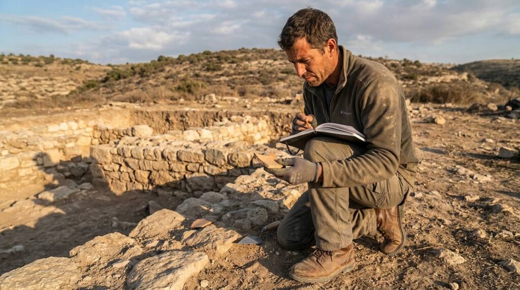 Archaeologist examining Bahurim ruins with notebook, surrounded by rugged landscape.