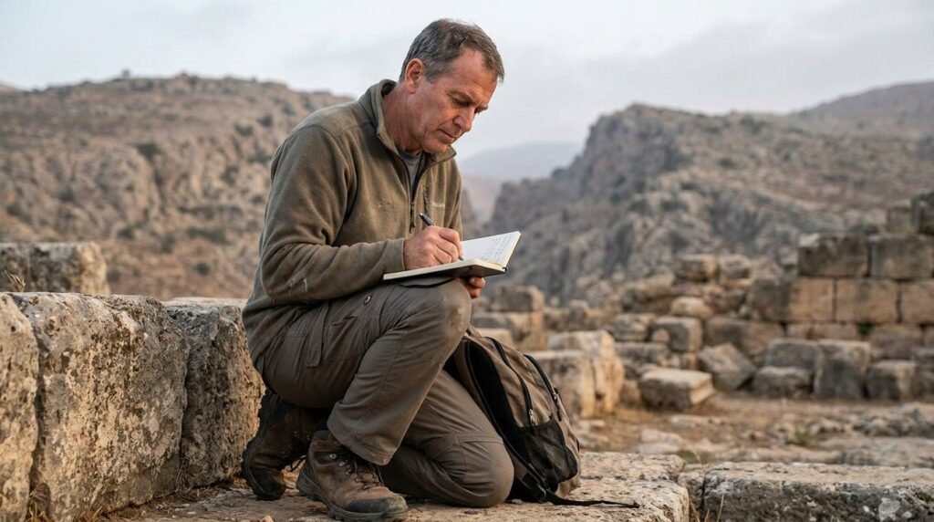 Historian in outdoor gear examining ancient ruins at Baal Hermon.