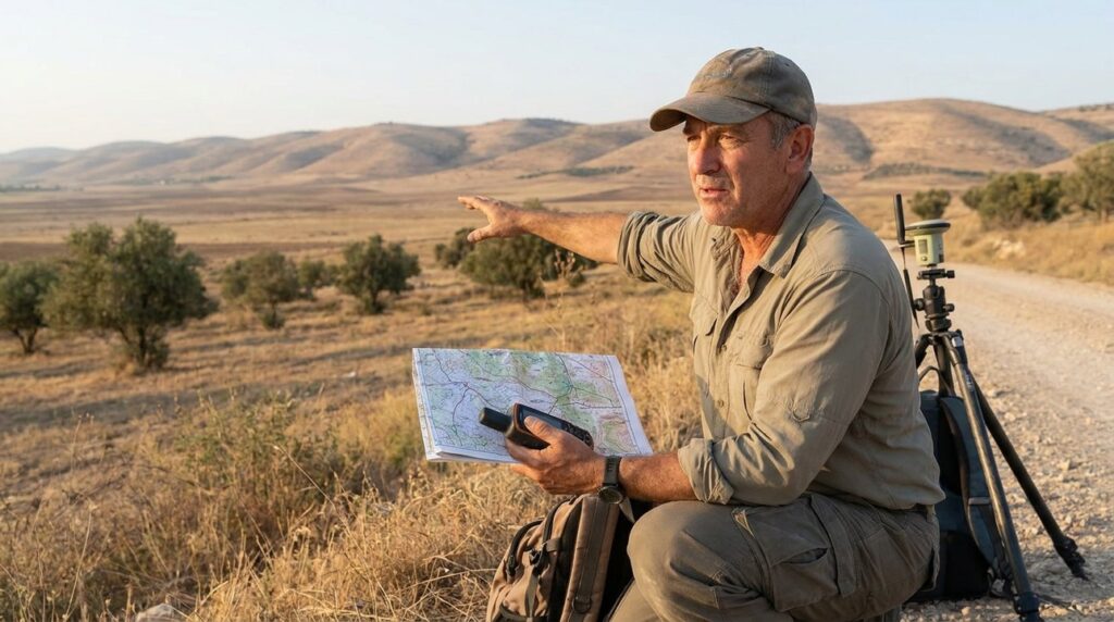 Archaeologist with map and GPS examines terrain in Valley of Elah.