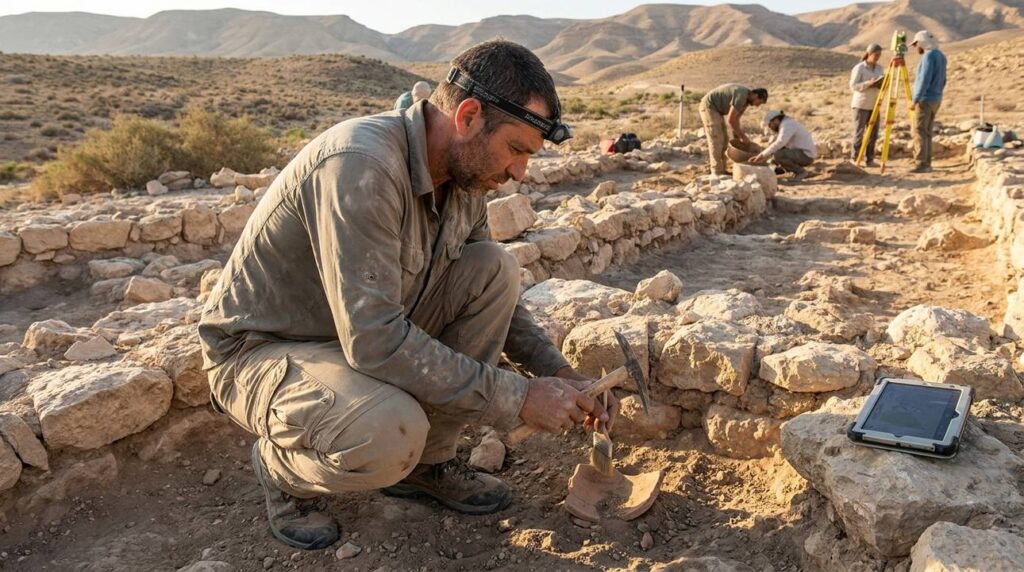 Israeli archaeologist examines ancient ruins in Peor with tools.