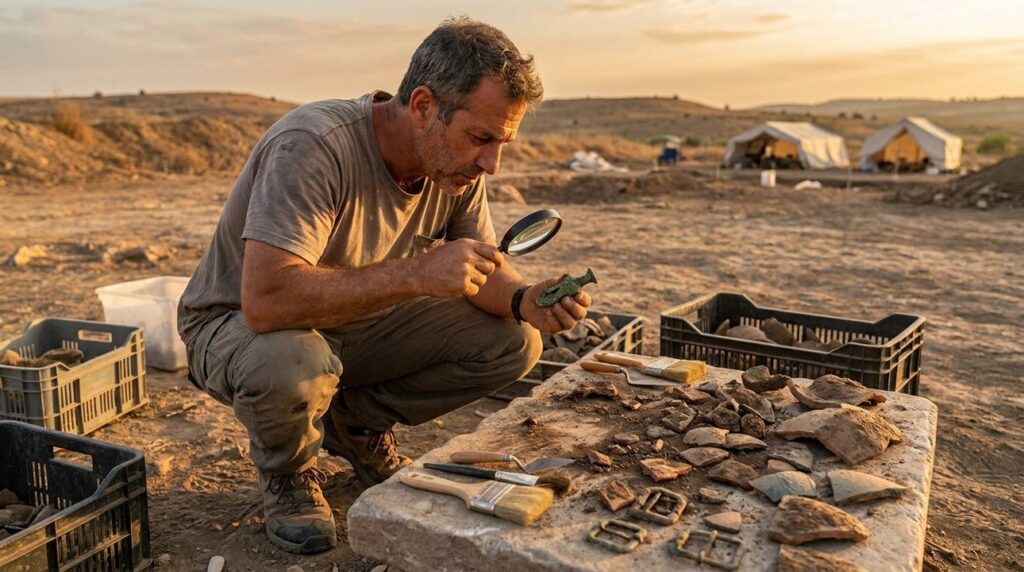 Israeli archaeologist examines ancient artifacts at excavation site near Lud.