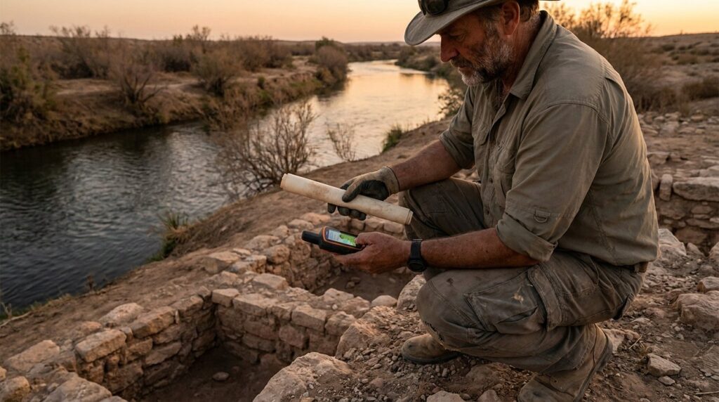 Israeli archaeologist examines ancient manuscripts by River Chebar with GPS device.