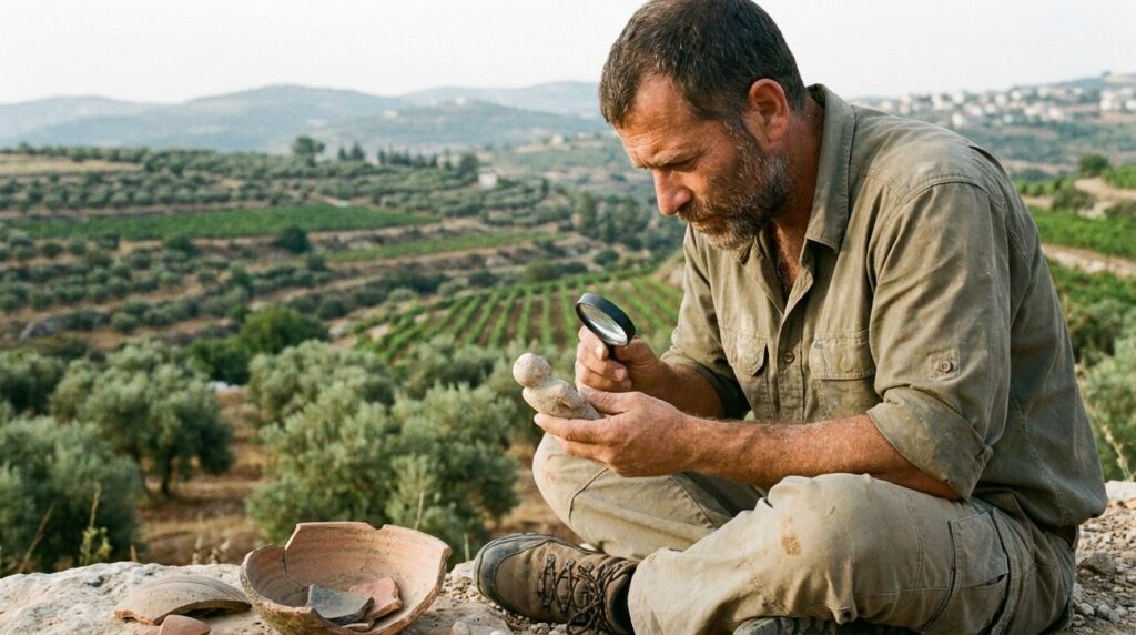 Israeli archaeologist examines artifacts at Rama, lush landscape in background.