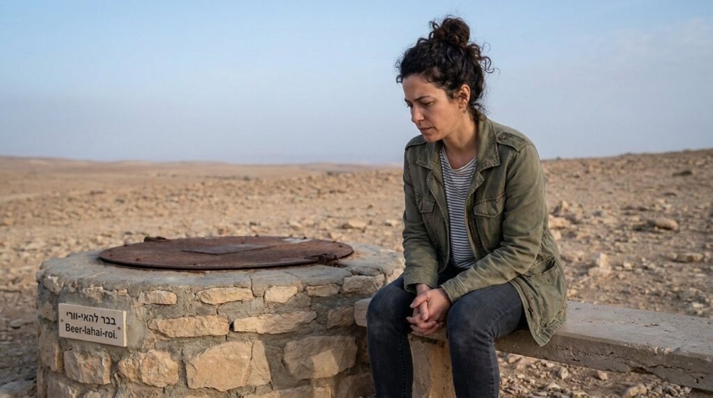 Israeli woman in casual clothes sitting by Beer-lahai-roi well.