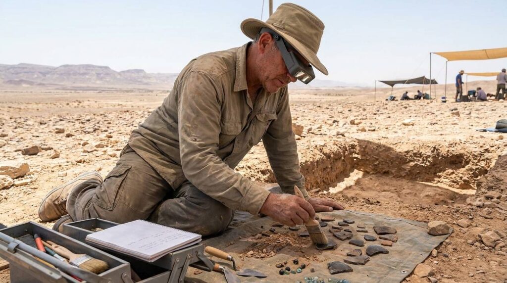 Israeli archaeologist examines artifacts at Negev Desert dig site.