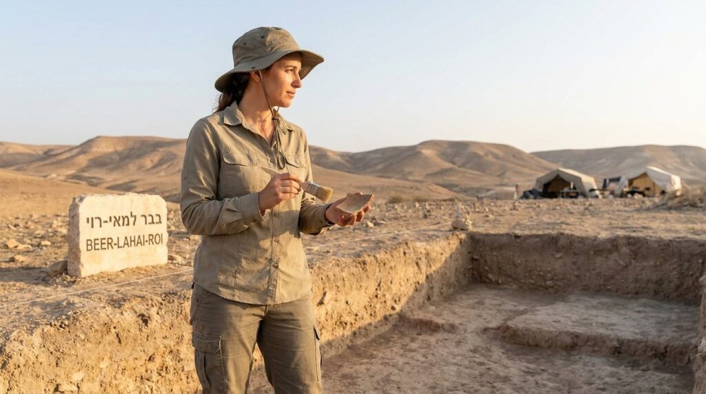 Israeli archaeologist examining artifacts at Beer-Lahai-Roi desert site.