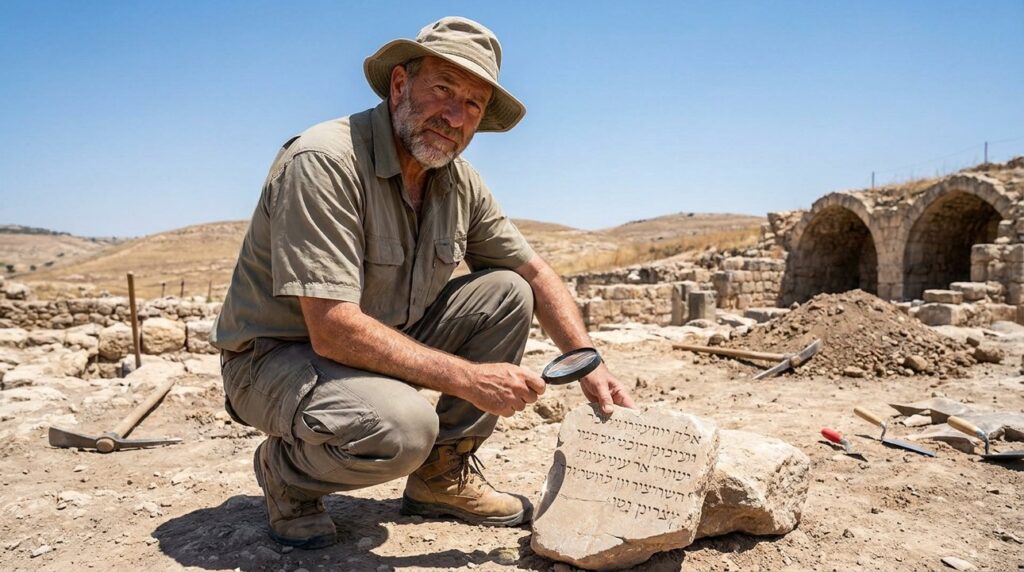 Israeli historian examines Hebrew-inscribed stone at Heshbon archaeological site.