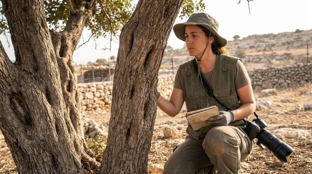 Israeli archaeologist examines ancient terebinth trees with notebook and camera.