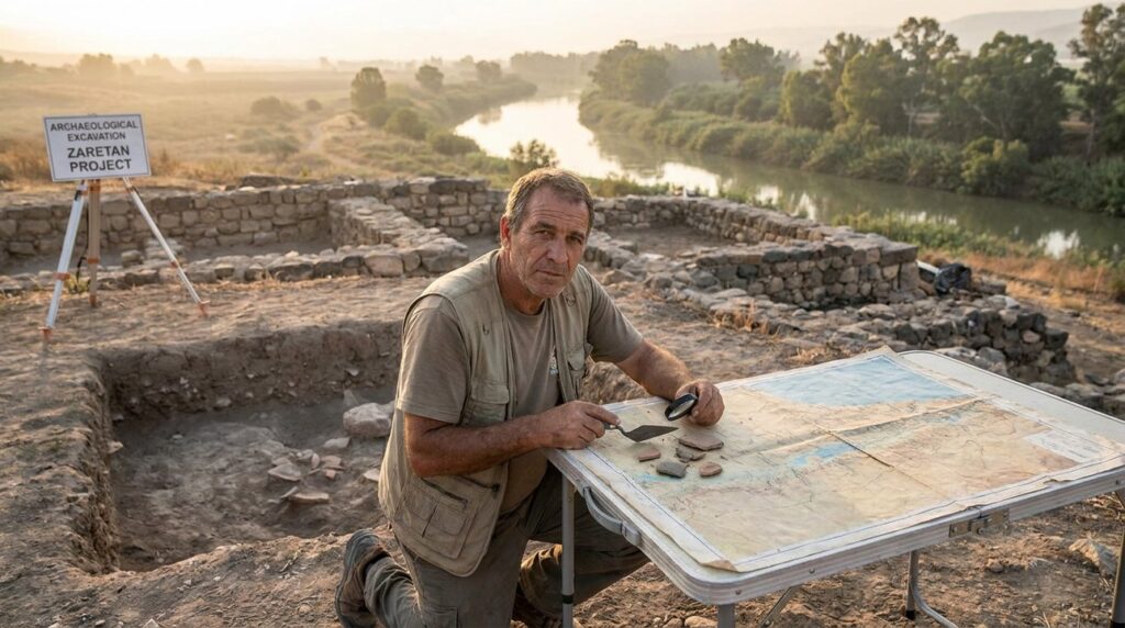Israeli archaeologist examines artifacts at Zaretan near Jordan River.