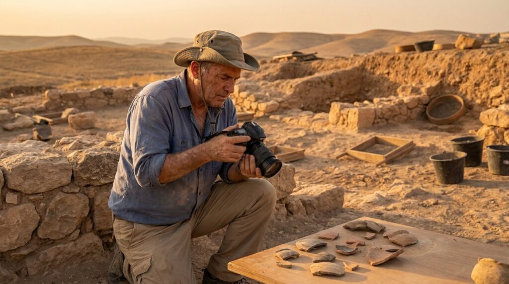 Israeli archeologist documents artifacts at Ziklag in golden evening light.