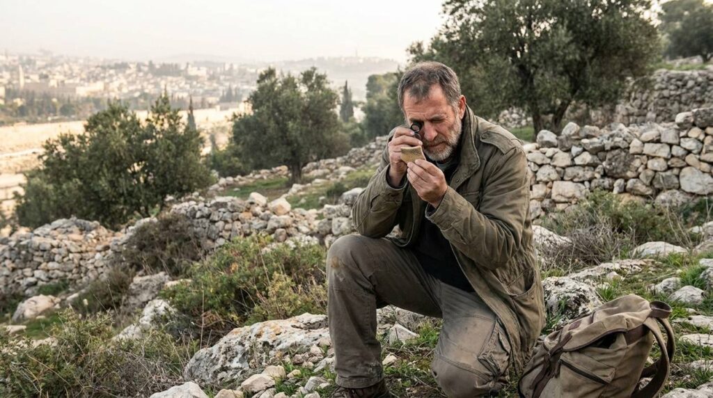 Israeli historian examines artifacts in Valley of Hinnom, morning light.