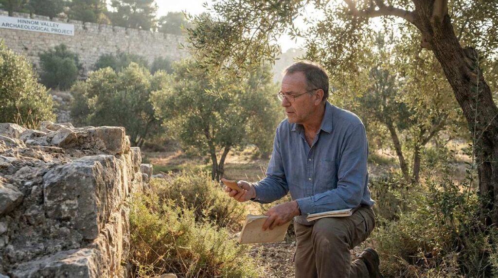 Israeli scholar examines ancient artifacts in Hinnom Valley, Jerusalem.