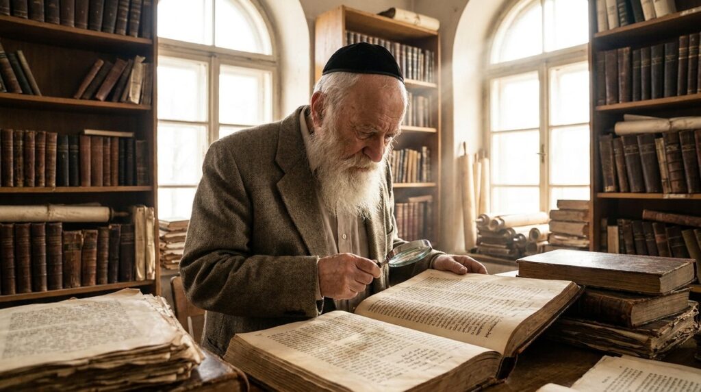 Elderly Jewish scholar studies religious texts in sunlit library.