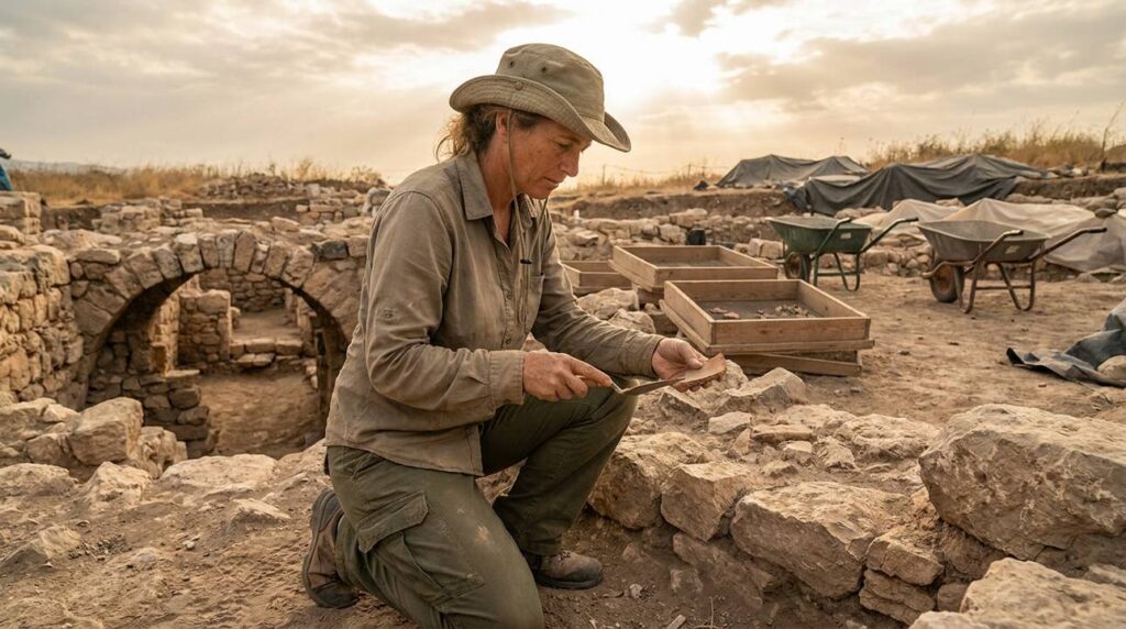 Israeli archaeologist examines ancient ruins in Tirzah with excavation tools nearby.