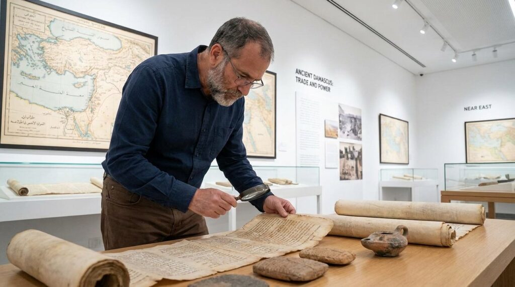 Israeli historian examines ancient texts and artifacts in a museum.