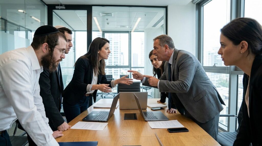 Diverse Israeli professionals engaged in a heated boardroom discussion.