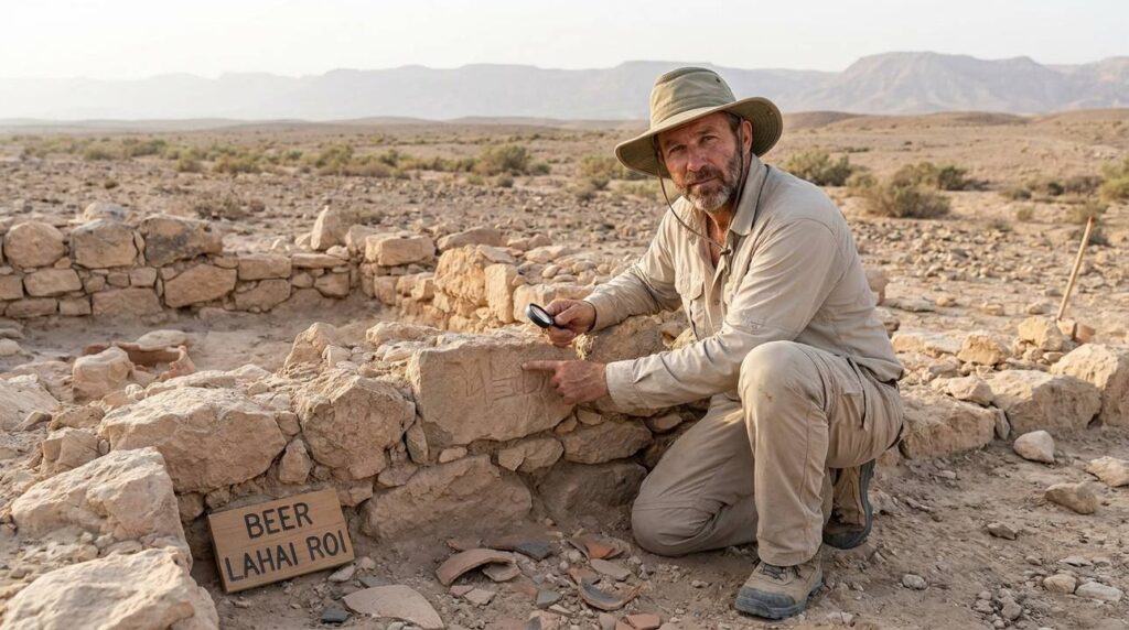 Archaeologist examining ancient ruins in Negev Desert, wearing sun hat.