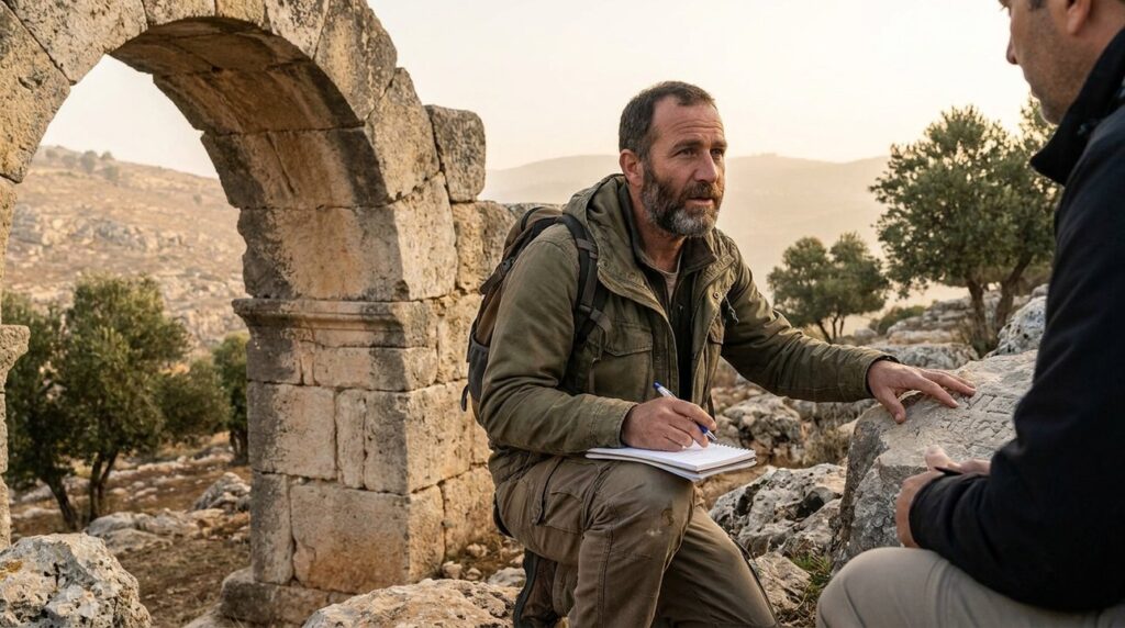 Israeli historian taking notes at ancient ruins on a mountain.