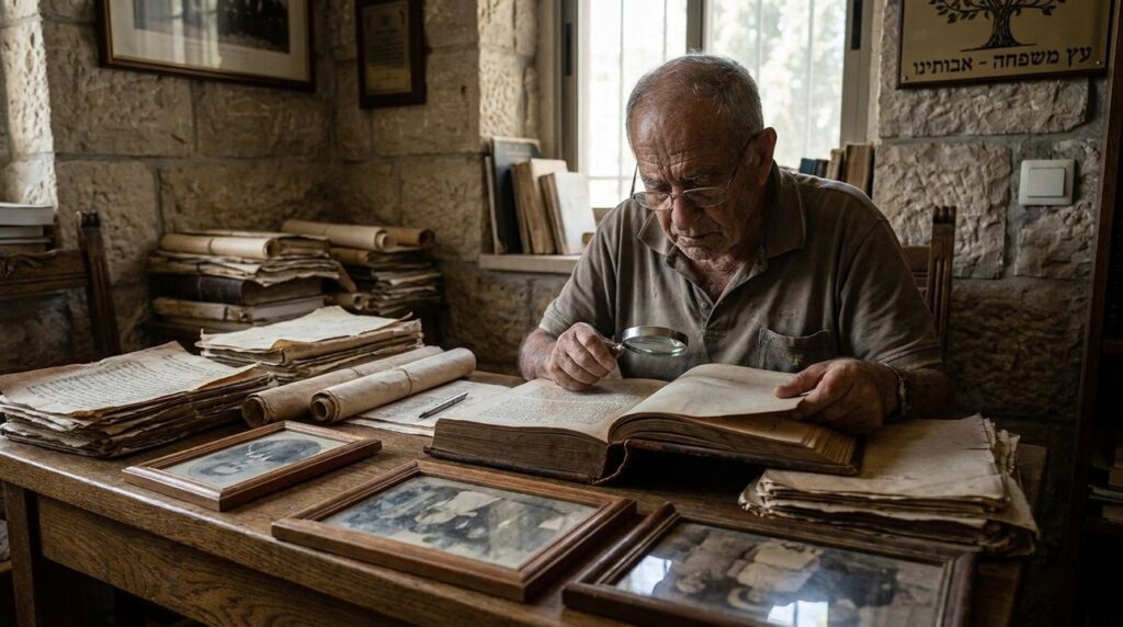 Elderly Israeli man studying ancient manuscripts at a wooden table.