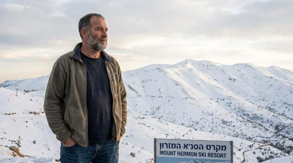 Middle-aged Israeli man in casual clothes stands near snowy Mount Hermon.