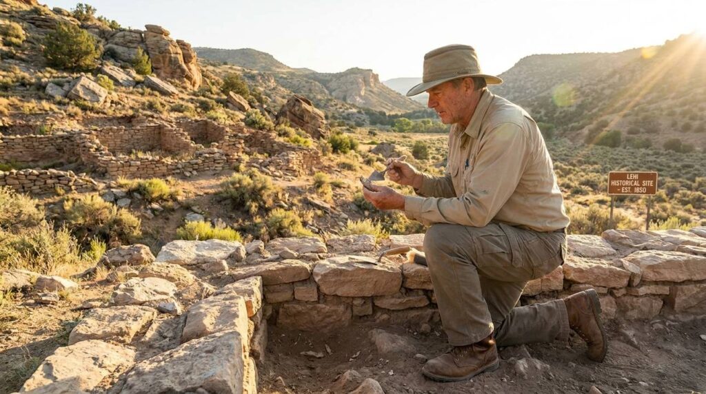 Archaeologist examines ancient ruins in Lehi hills at sunrise.