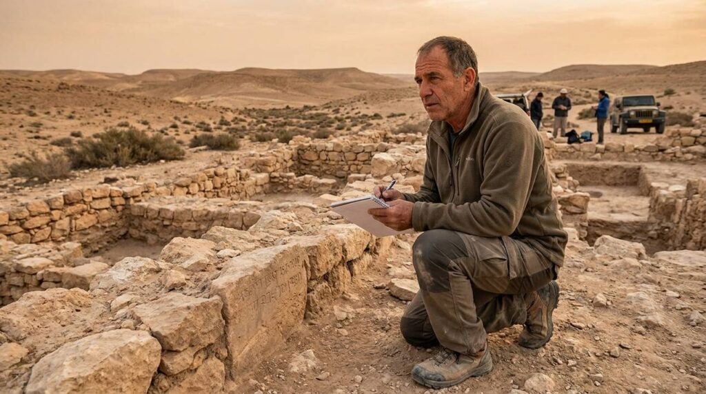 Israeli historian examining ancient ruins in Arad with a notepad.