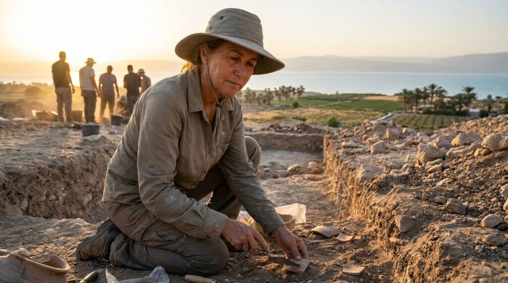 Israeli archaeologist examines artifacts at Dead Sea dig site.