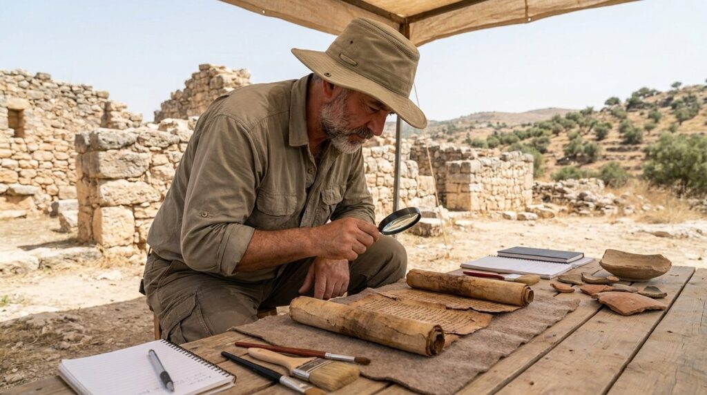 Middle-aged Israeli archaeologist examines ancient scrolls near Jerusalem ruins.