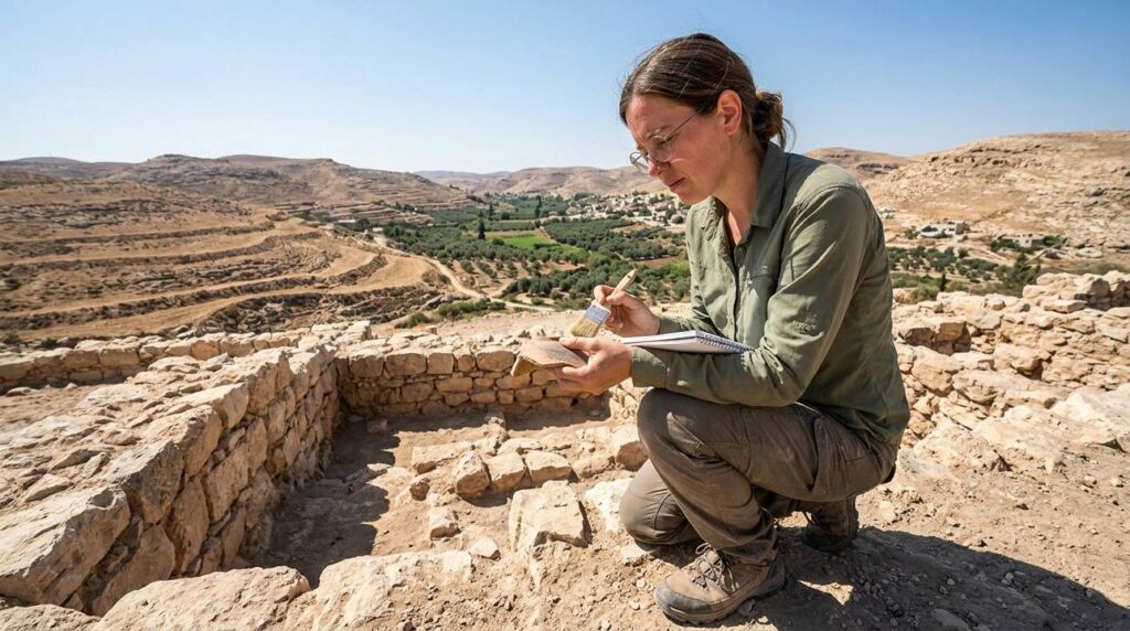 Israeli archaeologist examines ancient ruins in Ophrah's rugged landscape.