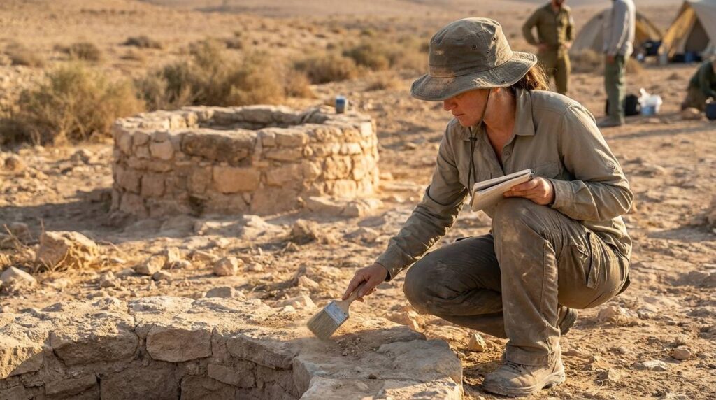 Israeli archaeologist examines ancient ruins with brush and notebook.