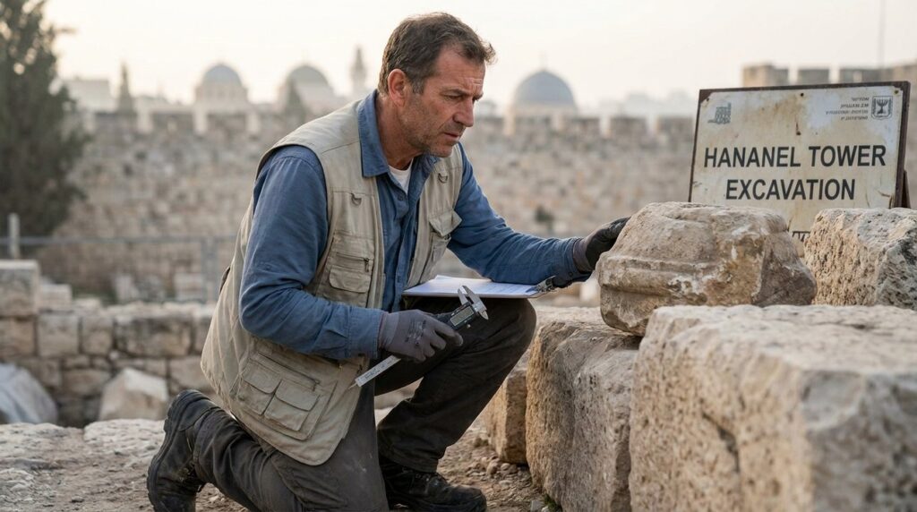 Israeli archaeologist examines Hananel Tower ruins in Jerusalem.