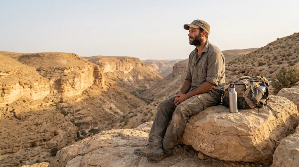 Israeli explorer sits contemplatively on a rock in Wadi Cherith.