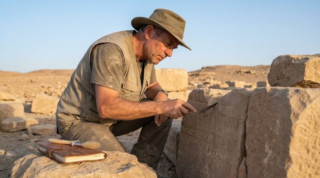 Israeli archaeologist examines ancient ruins in desert, morning light visible.