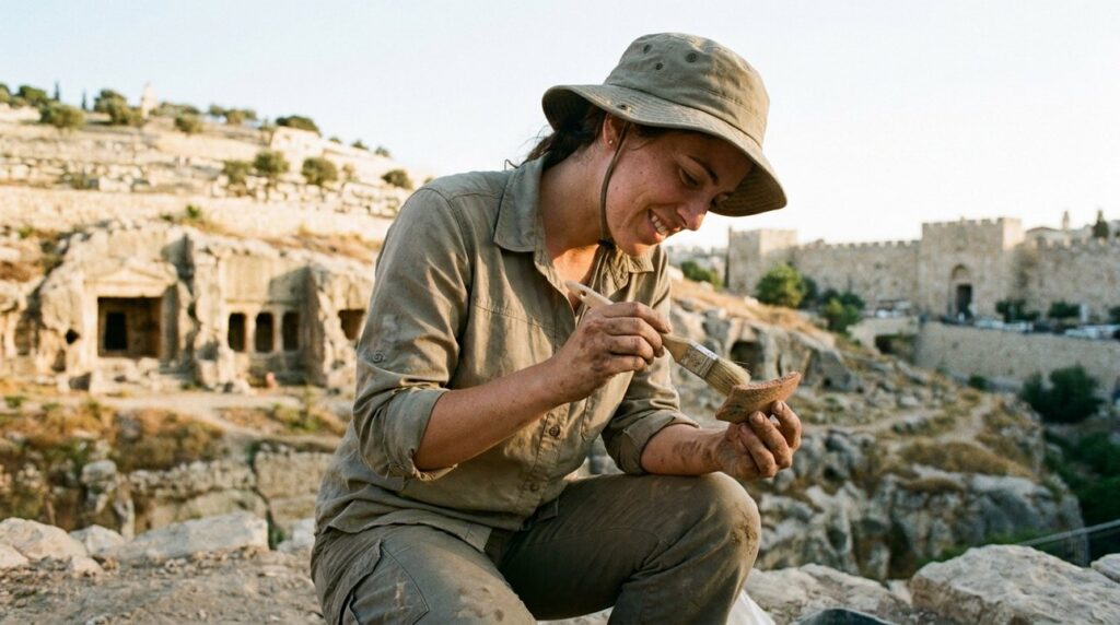Israeli archaeologist in field outfit examines artifacts in Kidron Valley.