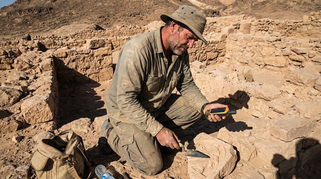 Israeli archaeologist examines ancient ruins in Sinai desert.