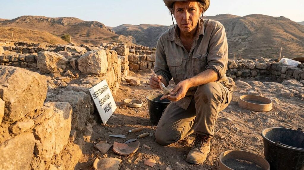 Archaeologist examines ancient ruins in Israel at sunset with tools.