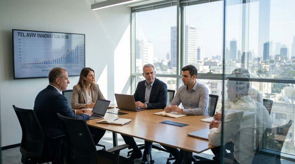 Diverse professionals engaged in a meeting in a modern conference room.