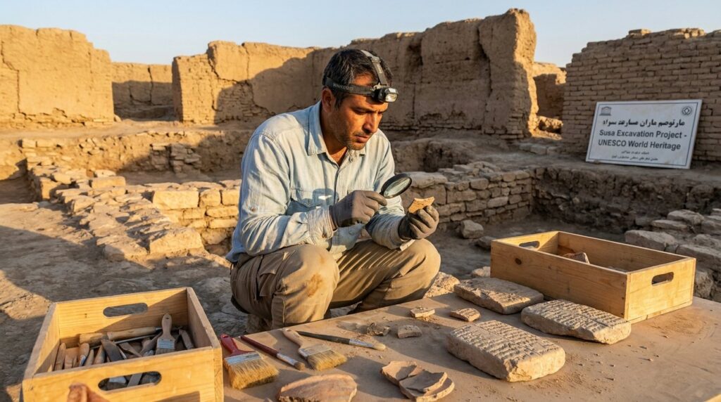 Archaeologist examines artifacts at Susa excavation site in Iran.