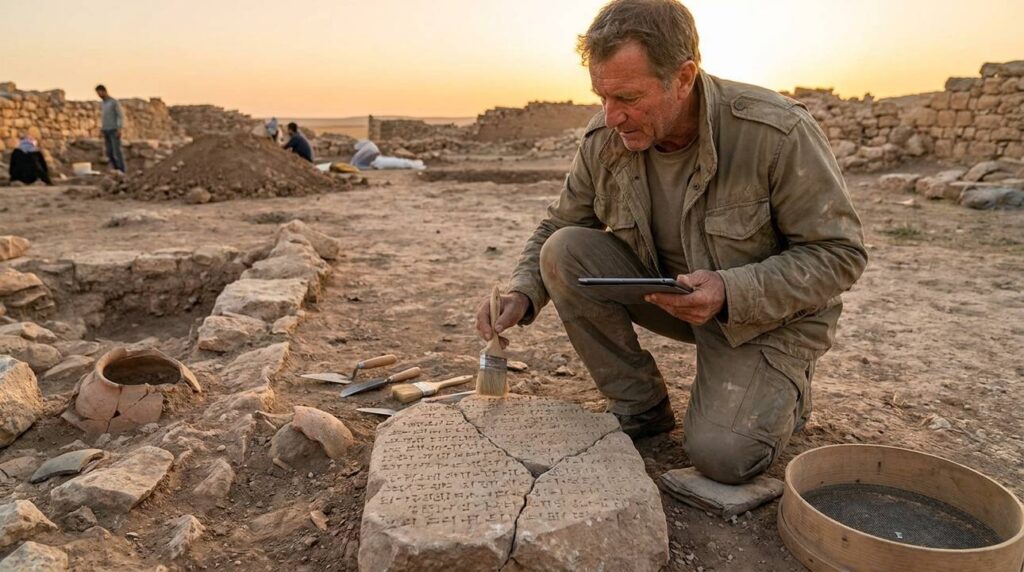 Archaeologist examining ancient inscriptions on stone ruins in Nahor.